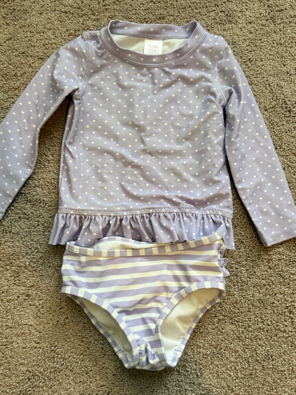 Ruffle Butts Lilac Two-Piece Swim Set with White Heart Print
